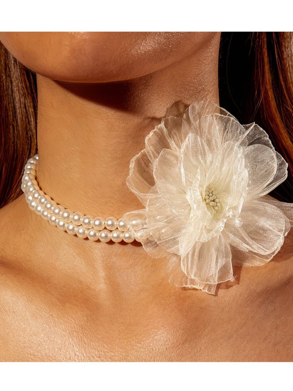 Pearl Choker Double Layer Off-White Pearl Necklace Embellished Chiffon Flower